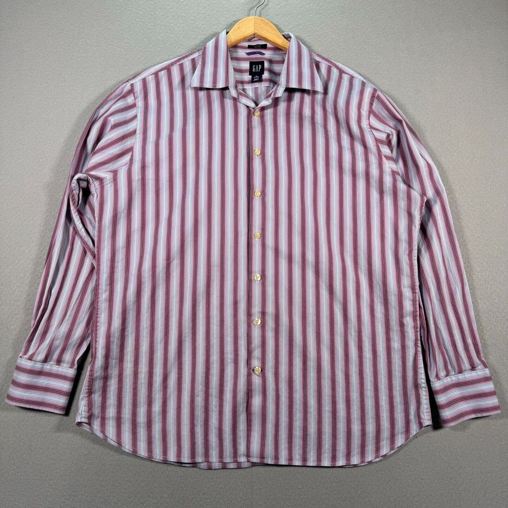Vintage Gap Fitted Premium Button Up Shirt Mens XL 17-17.5 Pink Striped 2005 Y2K